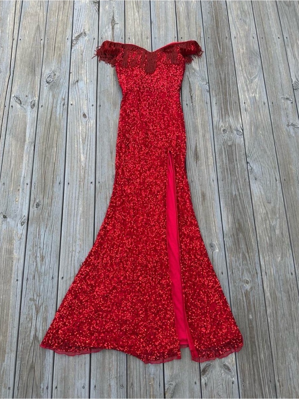 Aleta red Sequin Off-Shoulder Prom Gown with Fringe Detail